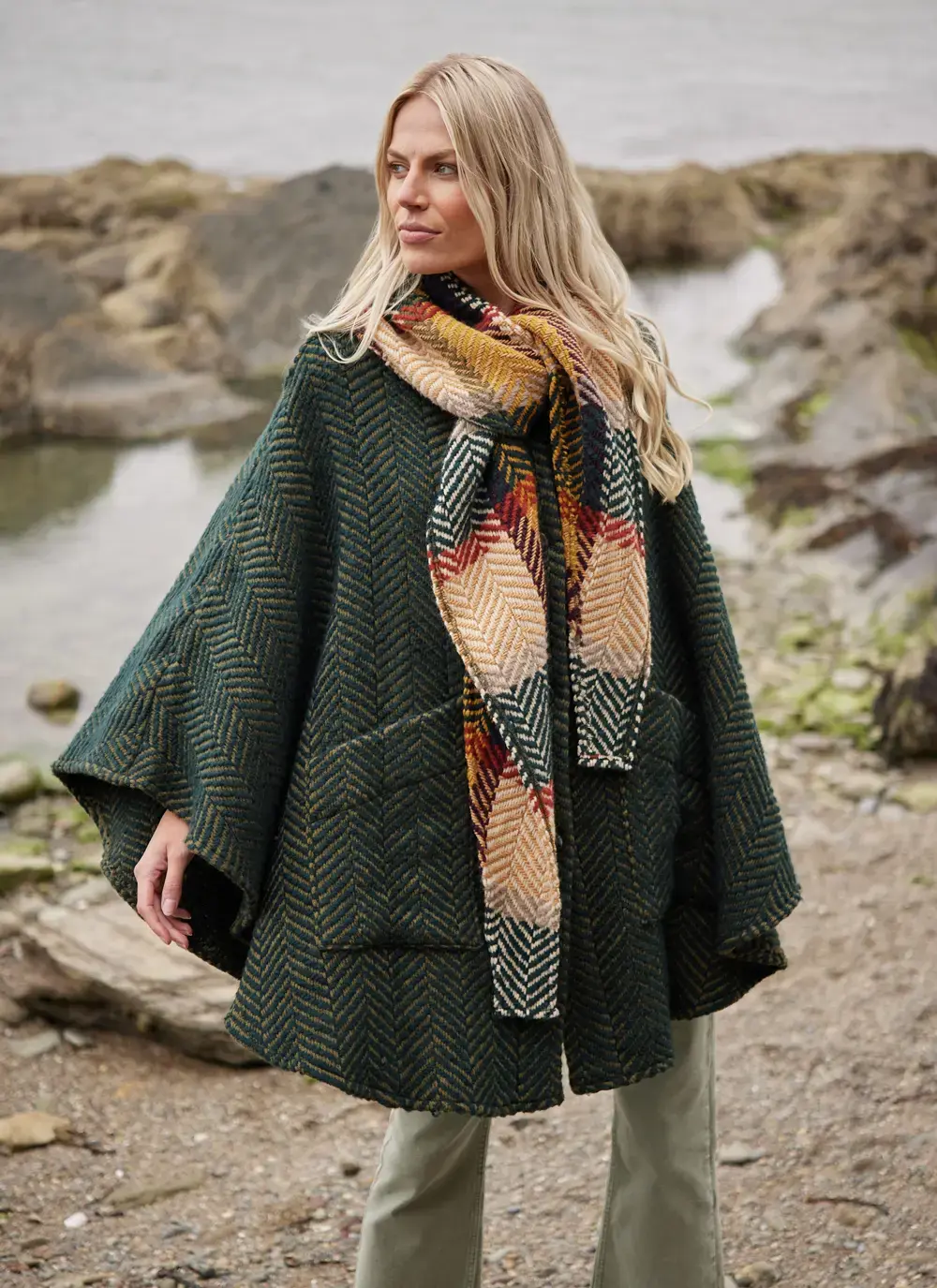 Lisa Herringbone Cape in Olive Sage With Scarf